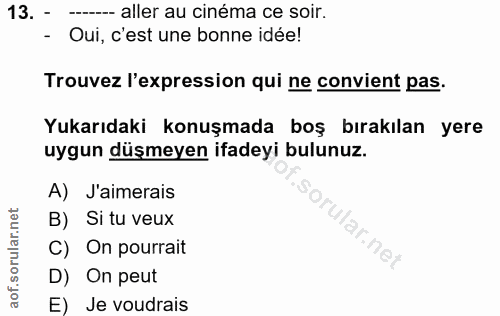13. soru: - ----- aller au cinéma ce soir. - Oui, c'est une bonne idée! Trouvez l'expression qui ne convient pas. Yukarıdaki ko…