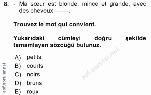 8. soru: - Ma sœur est blonde, mince et grande, avec des cheveux -___--. Trouvez le mot qui convient. Yukarıdaki cümleyi doğru…