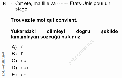 6. soru: - Cet été, ma fille va ------ États-Unis pour un stage. Trouvez le mot qui convient. Yukarıdaki cümleyi doğru şekilde…