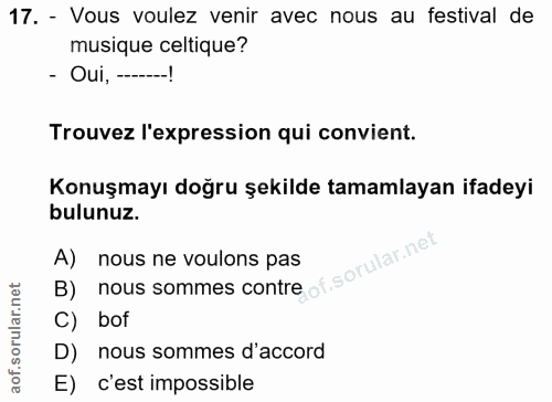 17. soru: - Vous voulez venir avec nous au festival de musique celtique? - Oui, ------! Trouvez l'expression qui convient. Konu…