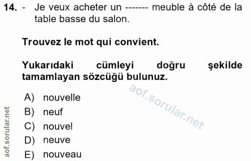 14. soru: - Je veux acheter un ----- meuble à côté de la table basse du salon. Trouvez le mot qui convient. Yukarıdaki cümleyi…