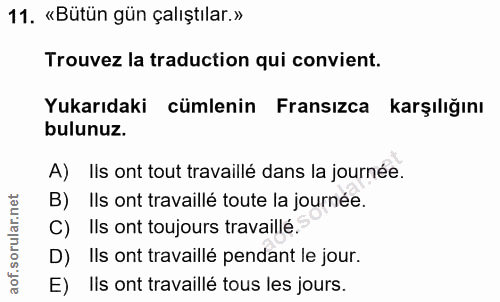 11. soru: «Bütün gün çalıştılar.» Trouvez la traduction qui convient. Yukarıdaki cümlenin Fransızca karşılığını bulunuz. A) Ils…