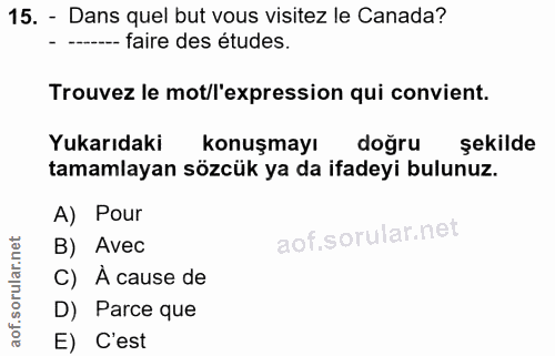 15. soru: - Dans quel but vous visitez le Canada? --- faire des études. Trouvez le mot/l'expression qui convient. Yukarıdaki ko…