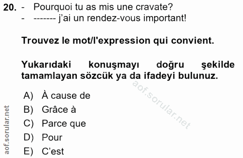 20. soru: - Pourquoi tu as mis une cravate? --- j'ai un rendez-vous important! Trouvez le mot/l'expression qui convient. Yukarı…