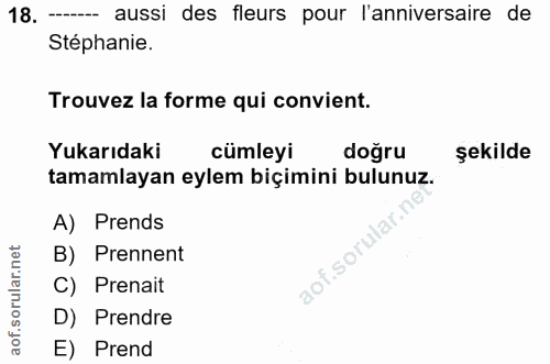18. soru: — aussi des fleurs pour l'anniversaire de Stéphanie. Trouvez la forme qui convient. Yukarıdaki cümleyi doğru şekilde…