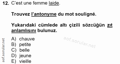 12. soru: C'est une femme laide. Trouvez l'antonyme du mot souligné. Yukarıdaki cümlede altı çizili sözcüğün zıt anlamlısını bu…