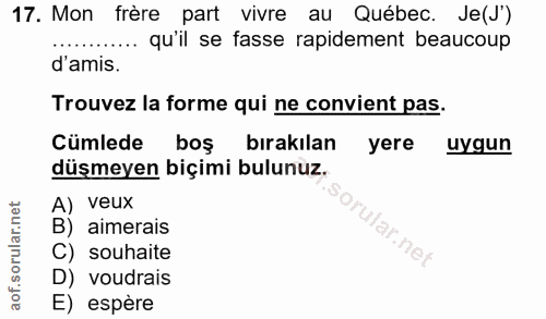 17. soru: Mon frère part vivre au Québec. Je(J') ..... qu'il se fasse rapidement beaucoup d'amis. Trouvez la forme qui ne convi…