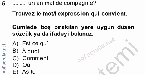 5. soru: ...... un animal de compagnie? Trouvez le mot/l'expression qui convient. Cümlede boş bırakılan yere uygun düşen sözcü…