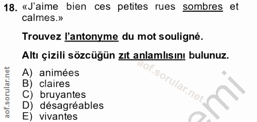 18. soru: «J'aime bien ces petites rues sombres et calmes.» Trouvez l'antonyme du mot souligné. Altı çizili sözcüğün zıt anlaml…