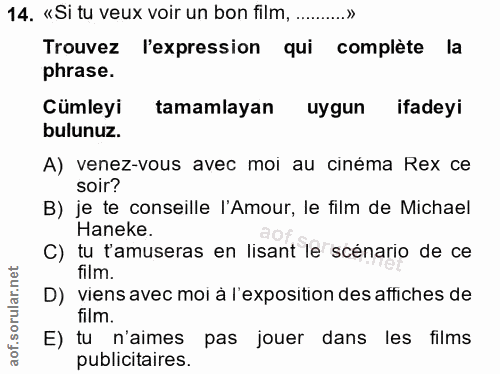 14. soru: «Si tu veux voir un bon film, .........» rouvez l l'expression qui complète la phrase. Cümleyi tamamlayan uygun ifade…