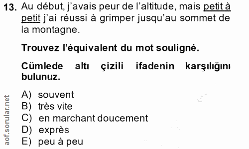 13. soru: Au début, j'avais peur de l'altitude, mais petit à petit j'ai réussi à grimper jusqu'au sommet de la montagne. Trouve…