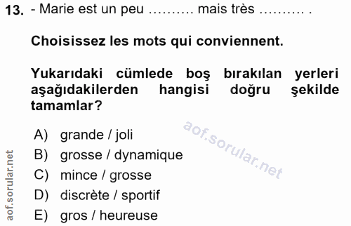 13. soru: - Marie est un peu .... ... mais très ..... Choisissez les mots qui conviennent. Yukarıdaki cümlede boş bırakılan yer…