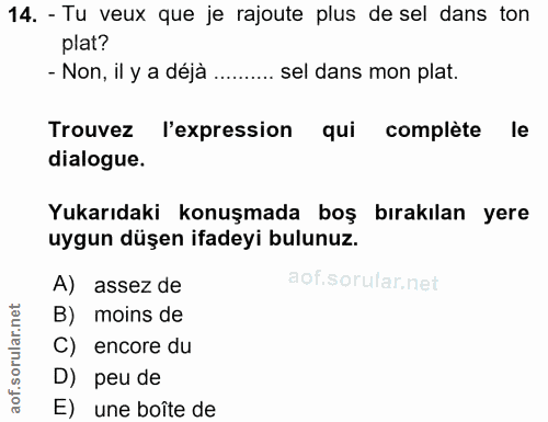 14. soru: - Tu veux que je rajoute plus de sel dans ton plat? - Non, il y a déja .......... sel dans mon plat. Trouvez l'expres…