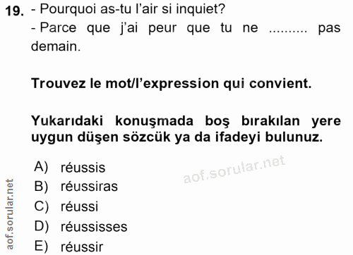 19. soru: - Pourquoi as-tu l'air si inquiet? - Parce que j'ai peur que tu ne pas demain. Trouvez le mot/l'expression qui convie…