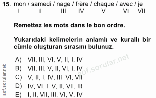 15. soru: mon / samedi / nage / frère / chaque / avec / je III IV V VI VII Remettez les mots dans le bon ordre. Yukarıdaki keli…