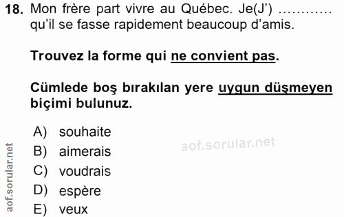 18. soru: Mon frère part vivre au Québec. Je(J') ... qu'il se fasse rapidement beaucoup d'amis. Trouvez la forme qui ne convien…