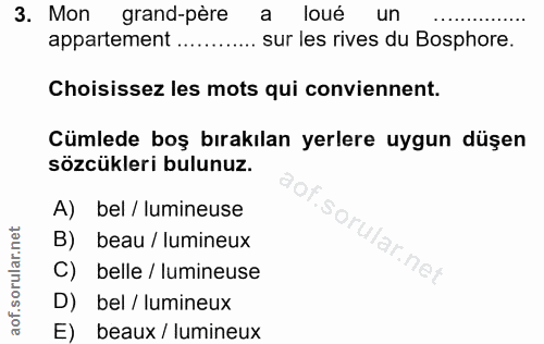 3. soru: Mon grand-père a loué un appartement .... sur les rives du Bosphore. Choisissez les mots qui conviennent. Cümlede boş…