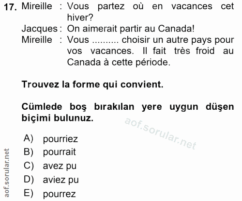 17. soru: Mireille : Vous partez où en vacances cet hiver? Jacques: On aimerait partir au Canada! Mireille : Vous ......... cho…