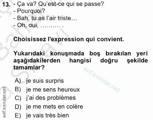 13. soru: - Ça va? Qu'est-ce qui se passe? - Pourquoi? - Bah, tu as l'air triste... - Oh, oui, ........... Choisissez l'express…