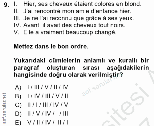 9. soru: I. Hier, ses cheveux étaient colorés en blond. Il. J'ai rencontré mon amie d'enfance hier. III. Je ne l'ai reconnu qu…