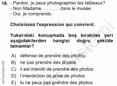 18. soru: - Pardon, je peux photographier les tableaux? - Non Madame, .......... dans le musée. - Oui, je comprends. Choisissez…