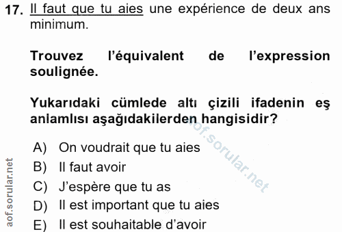 17. soru: Il faut que tu aies une expérience de deux ans minimum. Trouvez l'équivalent de l'expression soulignée. Yukarıdaki cü…