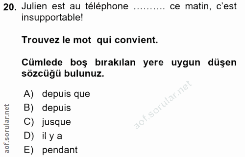 20. soru: Julien estan télére........ ce matin, c'est insupportable! Trouvez le mot qui convient. Cümlede boş bırakılan yere uy…
