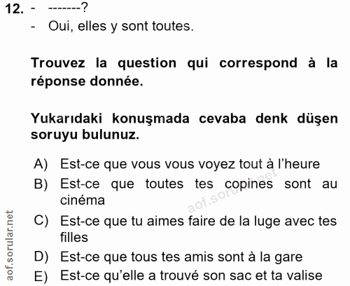 12. soru: - -? - Oui, elles y sont toutes. Trouvez la question qui correspond à la réponse donnée. Yukarıdaki konuşmada cevaba…
