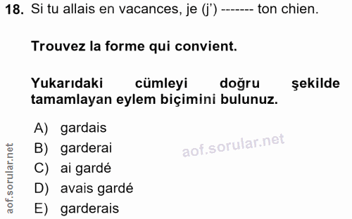 18. soru: Si tu allais en vacances, je (') ---- ton chien. Trouvez la forme qui convient. Yukarıdaki cümleyi doğru şekilde tama…