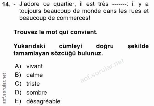14. soru: - J'adore ce quartier, il est très —: il y a toujours beaucoup de monde dans les rues et beaucoup de commerces! Trouv…