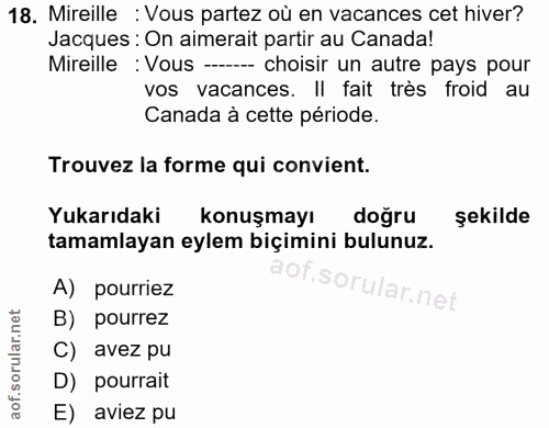 18. soru: Mireille : Vous partez où en vacances cet hiver? Jacques : On aimerait partir au Canada! Mireille : Vous --- choisir…
