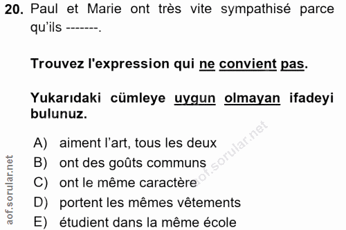 20. soru: Paul et Marie ont très vite sympathisé parce qu'ils ---. Trouvez l'expression qui ne convient pas. Yukarıdaki cümleye…