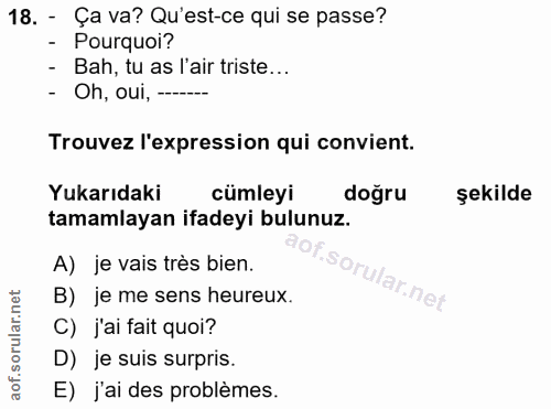 18. soru: - Ça va? Qu'est-ce qui se passe? - Pourquoi? - Bah, tu as l'air triste... - Oh, oui, ------ Trouvez l'expression qui…