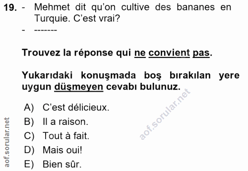 19. soru: - Mehmet dit qu'on cultive des bananes en Turquie. C'est vrai? Trouvez la réponse qui ne convient pas. Yukarıdaki kon…