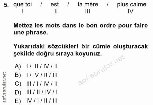 5. soru: que toi est ta mère / plus calme Mettez les mots dans le bon ordre pour faire une phrase. Yukarıdaki sözcükleri bir c…