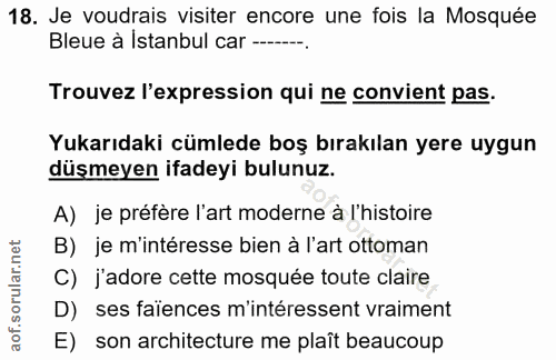 18. soru: Je voudrais visiter encore une fois la Mosquée Bleue à Istanbul car ---- Trouvez l'expression qui ne convient pas. Yu…