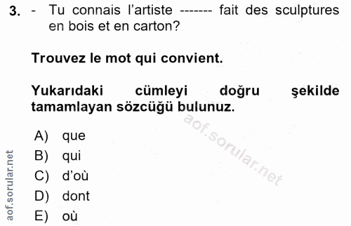 3. soru: - Tu connais l'artiste fait des sculptures en bois et en carton? Trouvez le mot qui convient. Yukarıdaki cümleyi doğr…