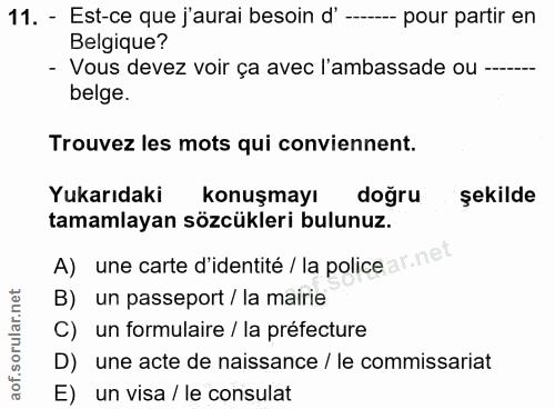 11. soru: - Est-ce que j'aurai besoin d' --- pour partir en Belgique? - Vous devez voir ça avec l'ambassade ou —.-- belge. Trou…
