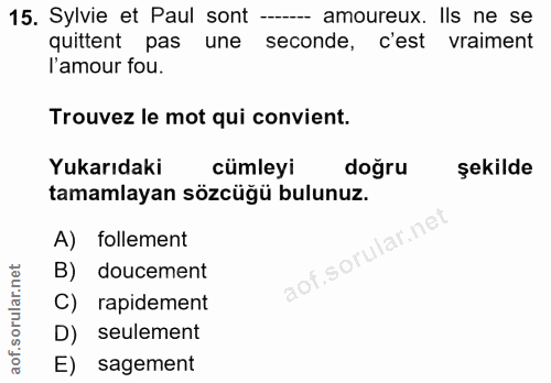 15. soru: Sylvie et Paul sont - amoureux. Ils ne se quittent pas une seconde, c'est vraiment l'amour fou. Trouvez le mot qui co…