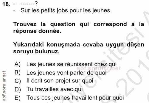 18. soru: - - Sur les petits jobs pour les jeunes. Trouvez la question qui correspond à la réponse donnée. Yukarıdaki konuşmada…