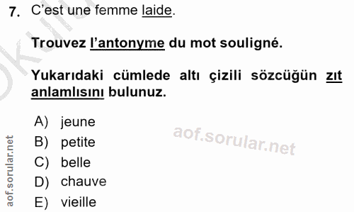 7. soru: C'est une femme laide. Trouvez l'antonyme du mot souligné. Yukarıdaki cümlede altı çizili sözcüğün zıt anlamlısını bu…