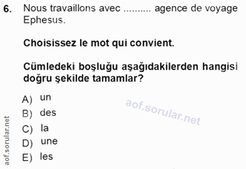 6. soru: Nous travaillons avec ....... agence de voyage Ephesus. Choisissez le mot qui convient. Cümledeki boşluğu aşağıdakile…