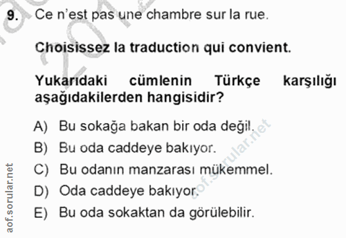 9. soru: Ce n'est pas une chambre sur la rue. Choisissez la traduction qui convient. Yukarıdaki cümlenin Türkçe karşılığı aşağ…
