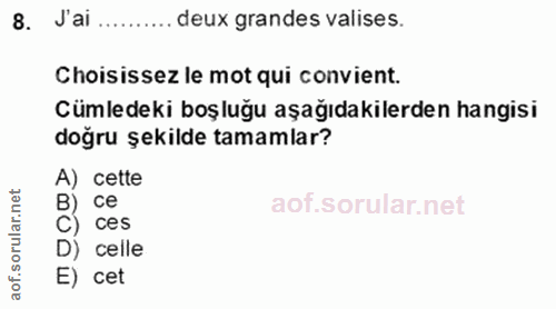 8. soru: J'ai .....•••.. deux grandes valises. Choisissez le mot qui convient. Cümledeki boşluğu aşağıdakilerden hangisi doğru…