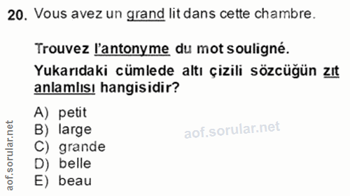 20. soru: Vous avez un grand lit dans cette chambre. Trouvez l'antonyme du mot souligné. Yukarıdaki cümlede altı çizili sözcügü…