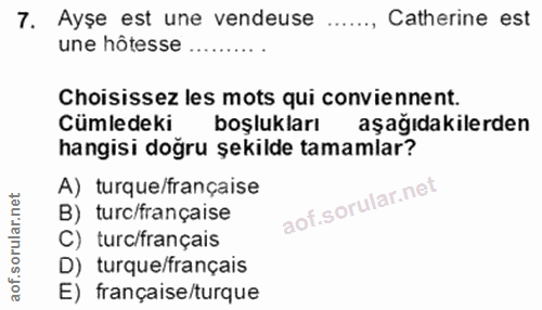 7. soru: Ayşe est une vendeuse ....•. Catherine est une hôtesse Choisissez les mots qui conviennent. Cümledeki boşlukları aşağ…