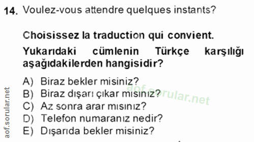 14. soru: Voulez-vous attendre quelques instants? Choisissez la traduction qui convient. Yukarıdaki cümlenin • Türkçe karşılığı…