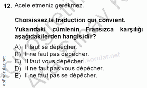 12. soru: Acele etmeniz gerekmez. Choisissez la traduction qui convient. Yukarıdaki cümlenin Fransızca karşılığı aşağıdakilerde…
