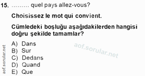 15. soru: ...•.... quel pays allez-vous? Choisissez le mot qui convient. Cümledeki boşluğu aşağıdakilerden hangisi doğru şekild…