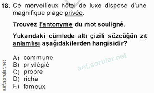 18. soru: Ce merveilleux hôtel de luxe dispose d'une magnifique plage privée. Trouvez l'antonyme du mot souligné. Yukarıdaki cü…